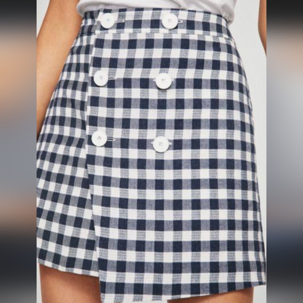 Mango Blue and White Check Button Down Skirt